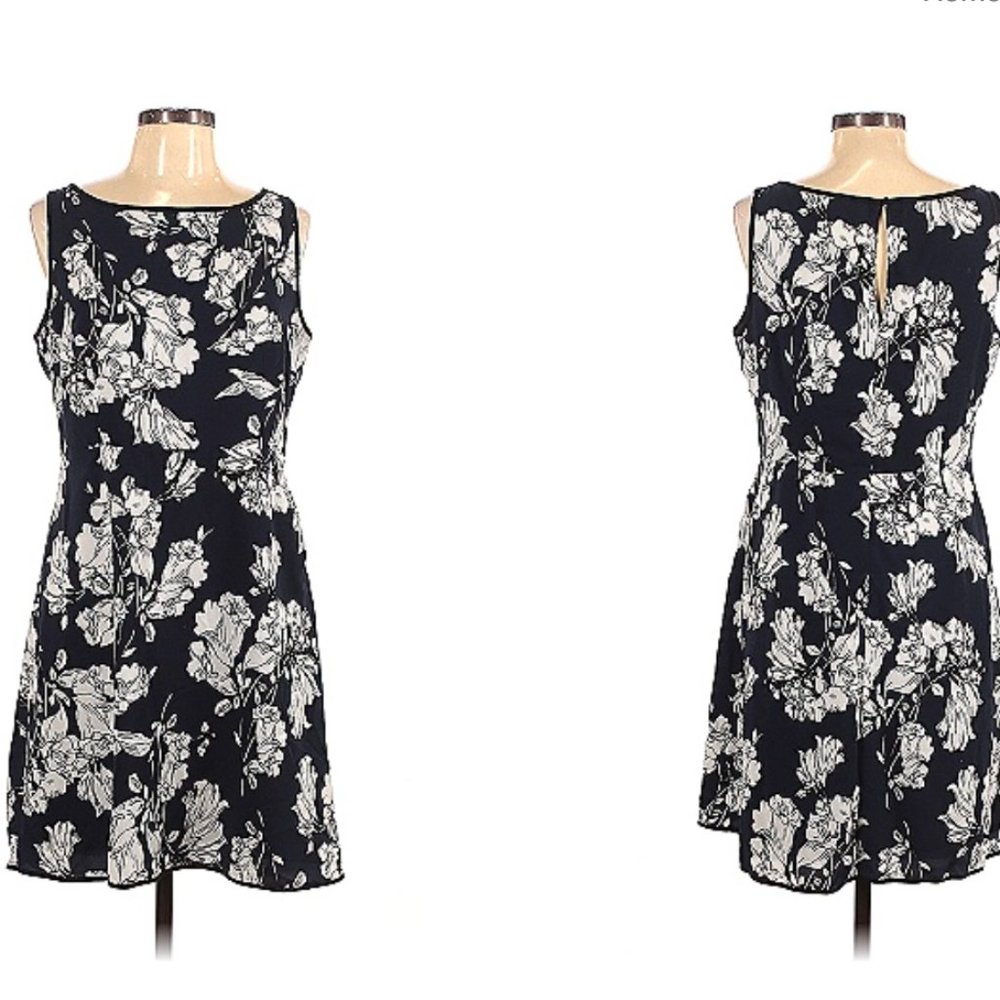 LOFT Floral Dress Navy, Black, White